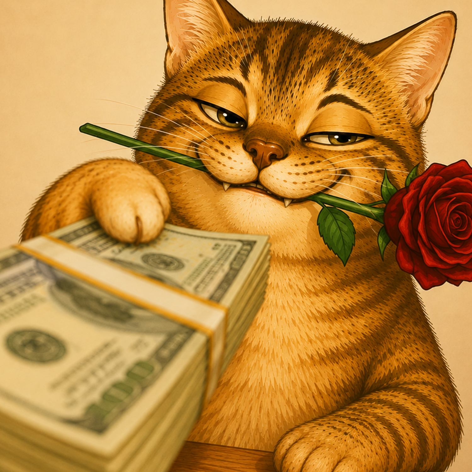 RIZZCATE presenting a stack of cash while holding a rose