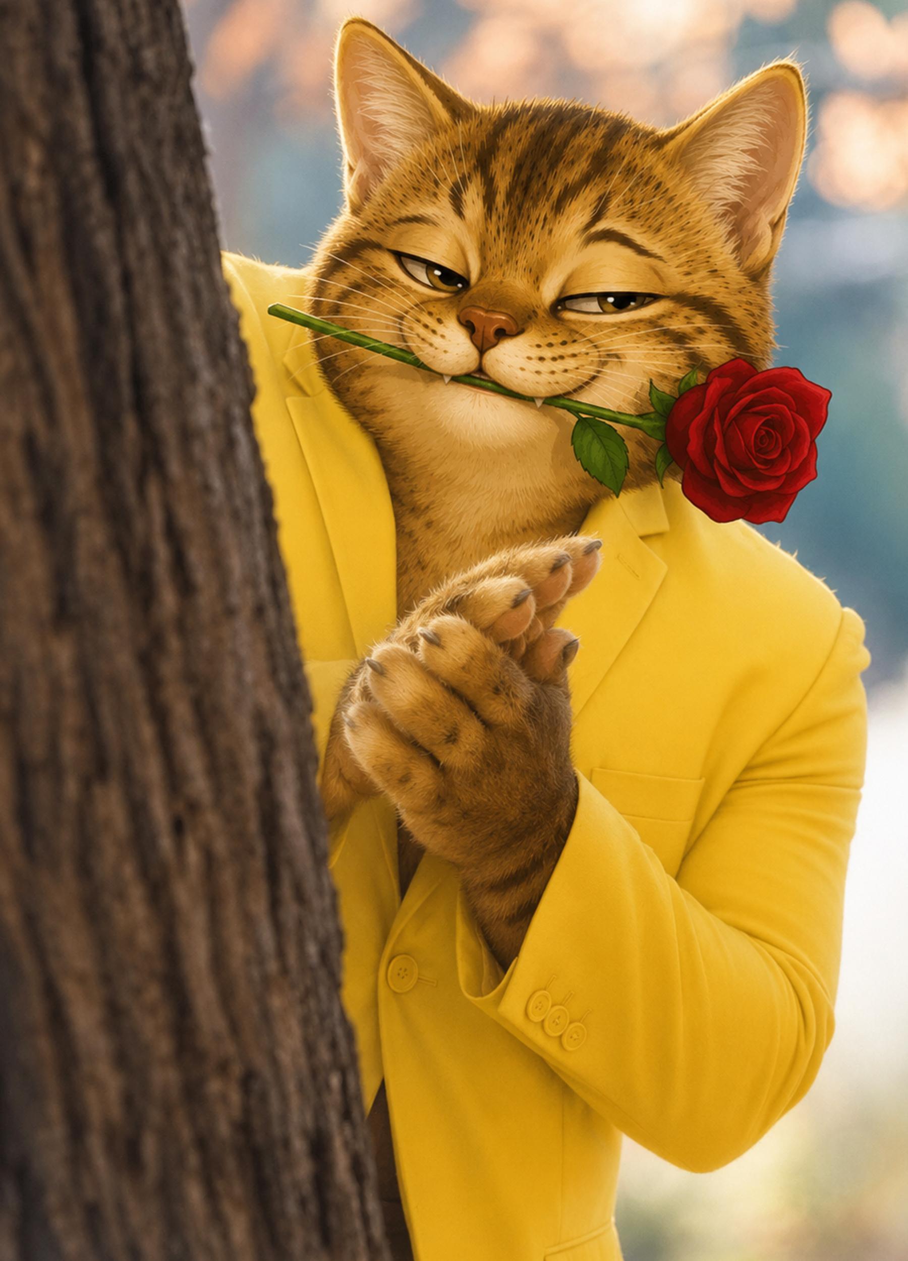 RIZZCATE in a yellow suit peeking from behind a tree with a rose