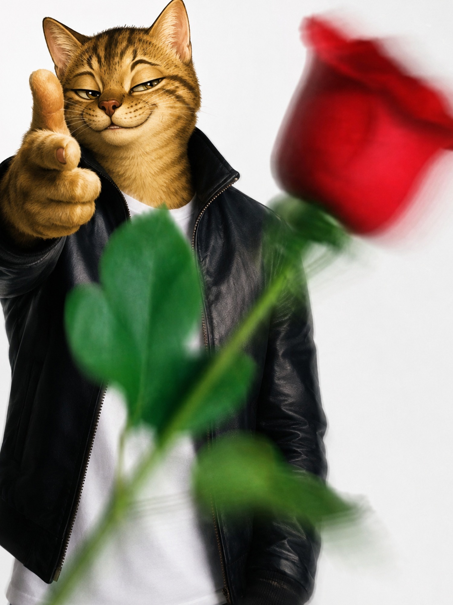 RIZZCATE in a leather jacket giving a thumbs up behind a red rose
