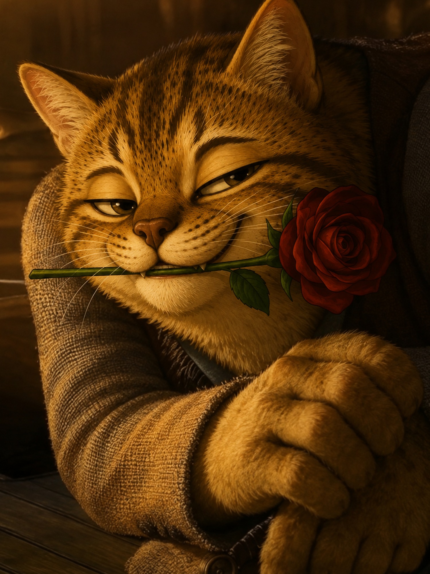 RIZZCATE relaxing in an armchair with a red rose