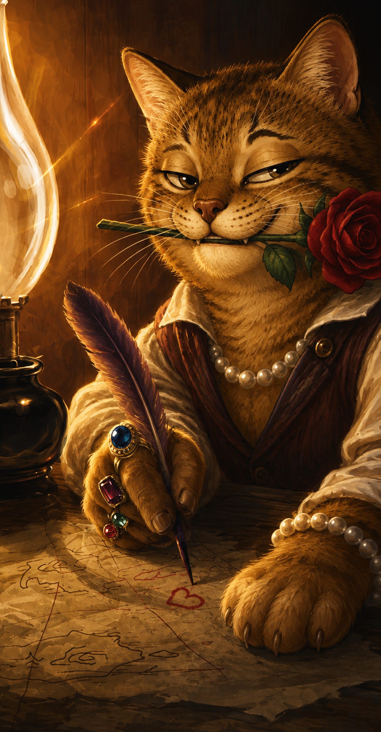 RIZZCATE cat writing with a feather quill while holding a red rose